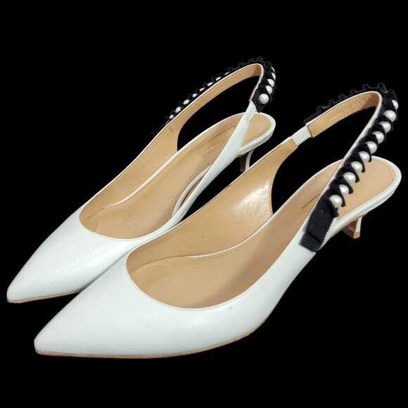 Aquazzura Love Story 45 Pumps White Slingback Pointy Kitten Heel Beaded 39.5 9.5 - Picture 1 of 13